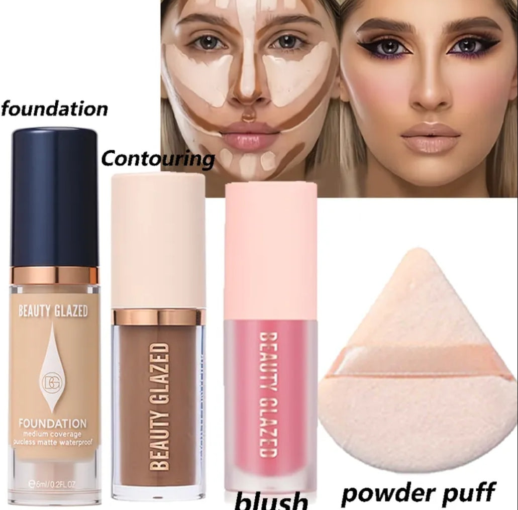 Beauty Glazed Flawless Face Makeup Set | Foundation, Contour, Blush & Powder Puff