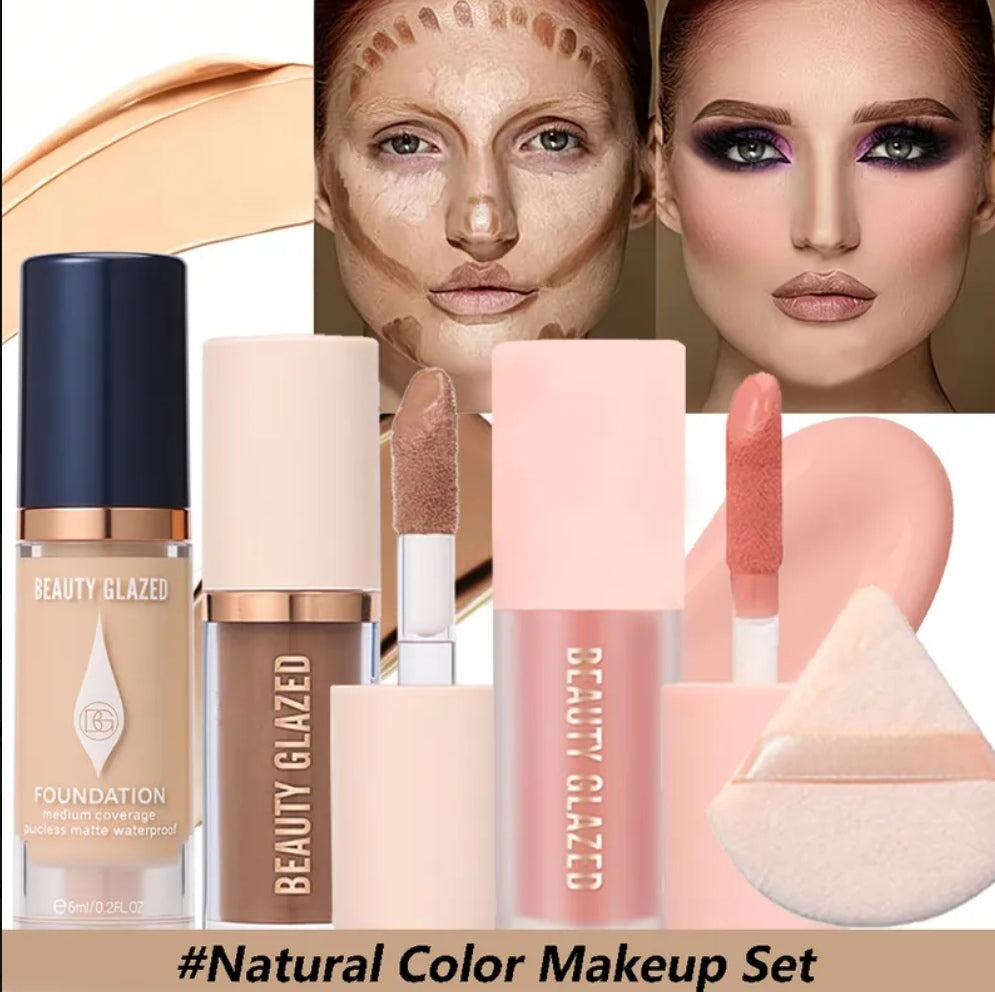 Beauty Glazed Flawless Face Makeup Set | Foundation, Contour, Blush & Powder Puff