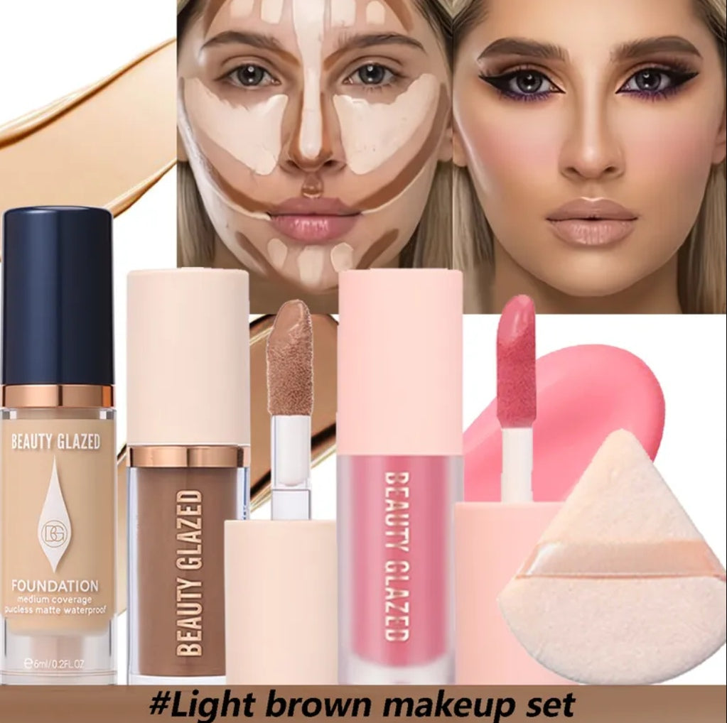 Beauty Glazed Flawless Face Makeup Set | Foundation, Contour, Blush & Powder Puff