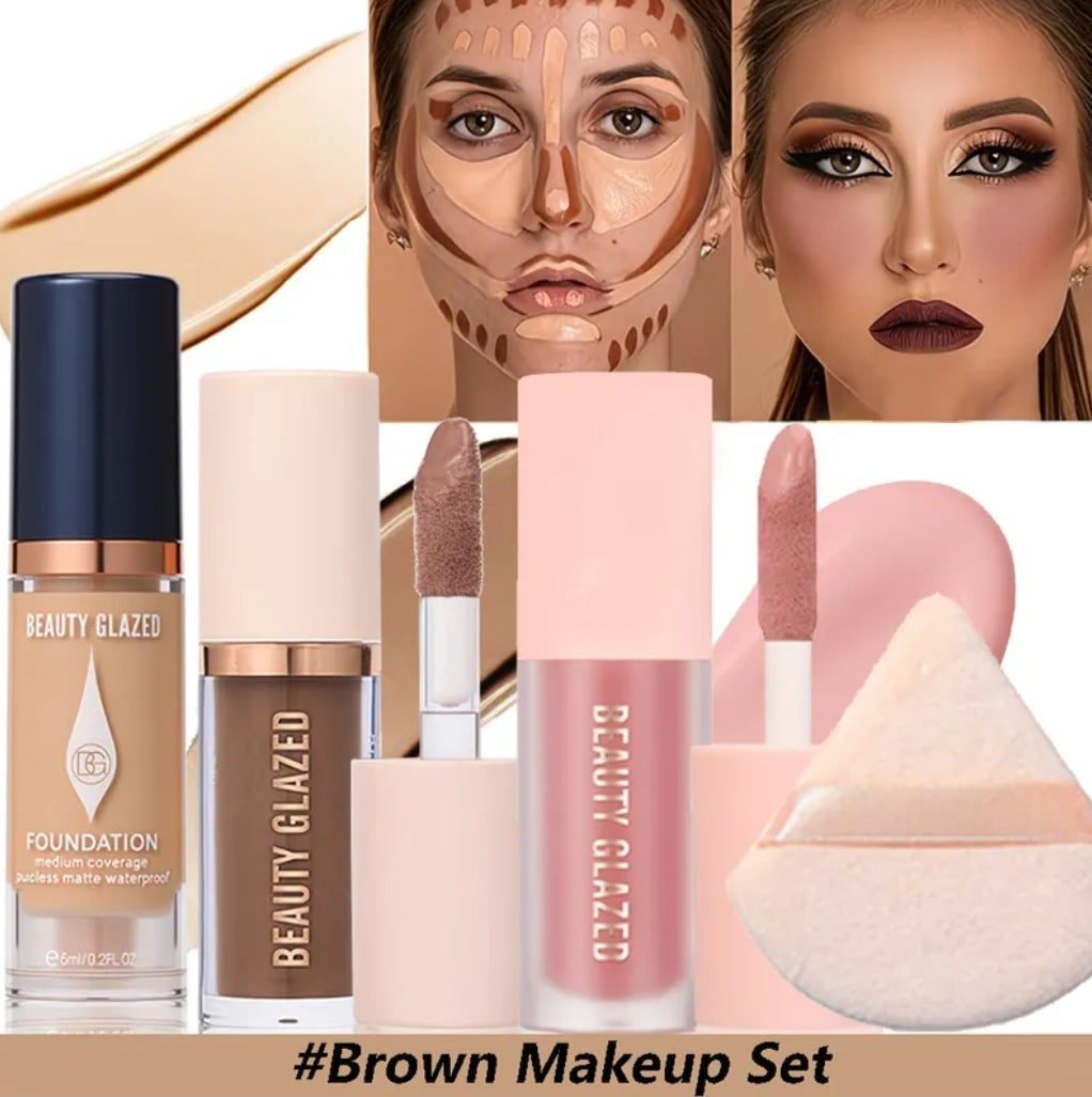 Beauty Glazed Flawless Face Makeup Set | Foundation, Contour, Blush & Powder Puff