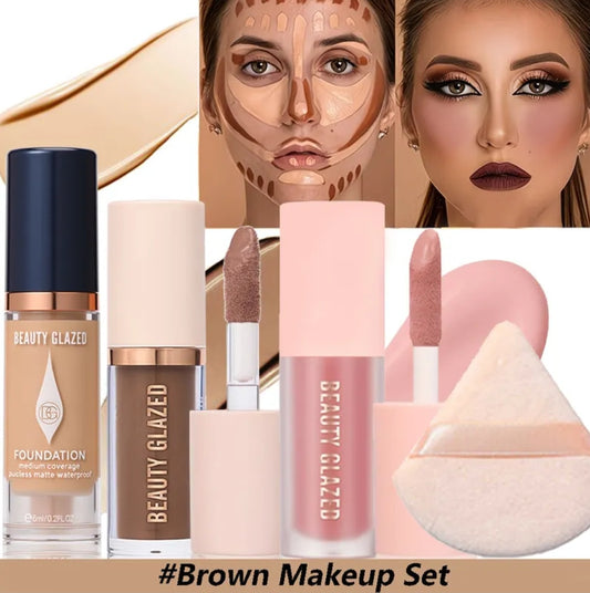 Beauty Glazed Flawless Face Makeup Set | Foundation, Contour, Blush & Powder Puff